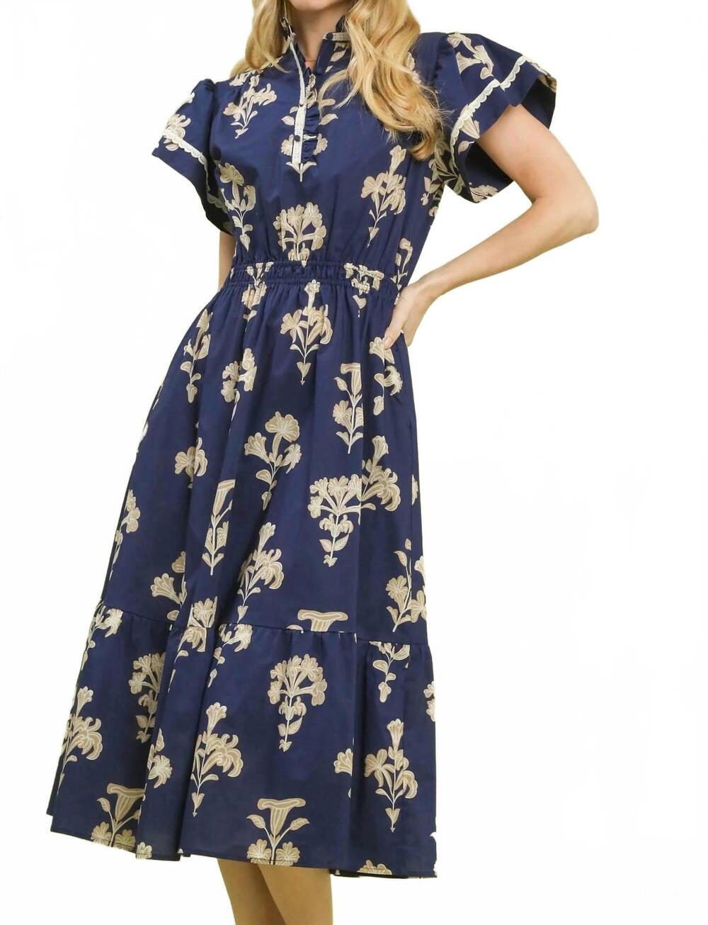 NEW UMGEE floral print midi dress in navy